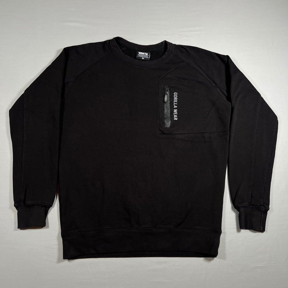Gorilla Wear Mens XL Black Crewneck Sweatshirt Zipper Chest Pocket Raglan Sleeve